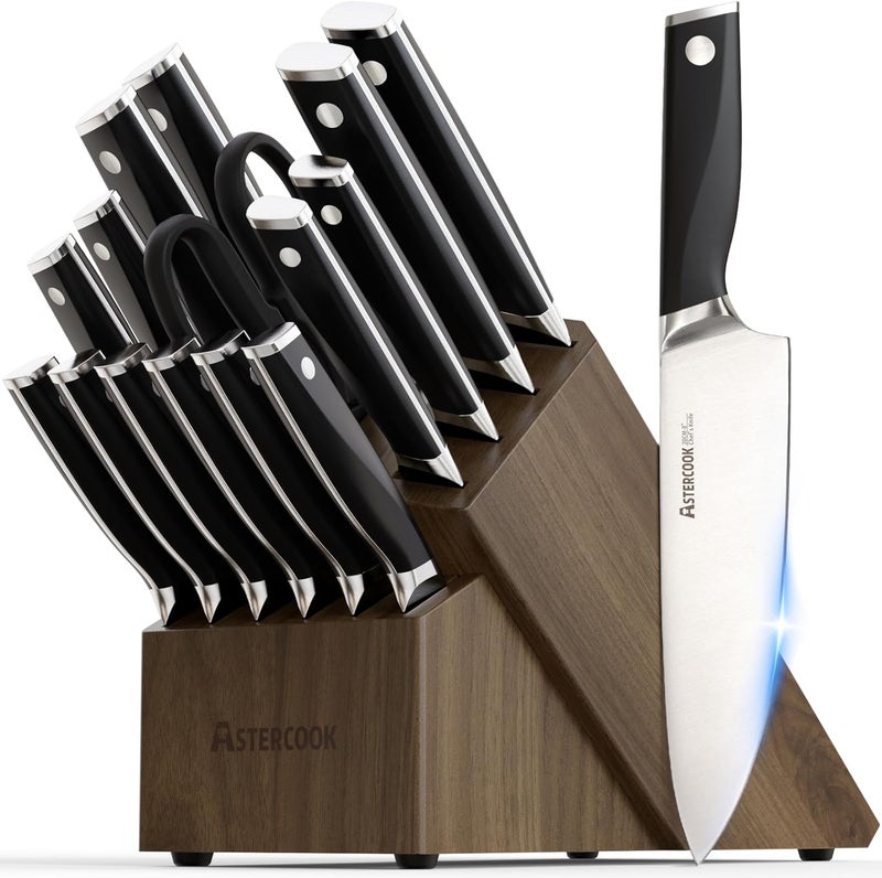 Astercook Knife Set, Kitchen Knives Set with Block and Sharpener Full Tang 17 Pcs German Stainless Steel Knives Sharp Blade Dishwasher Safe Premium Knife Set with Anti-slip Ergonomic Handle, Black - Image 1